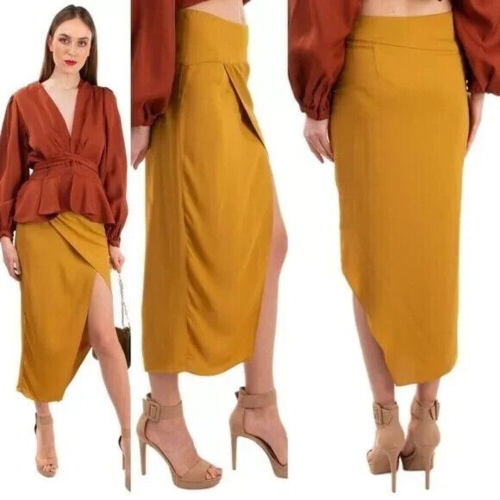 Michelle Mason Wrap Cocktail Skirt 4 Small Mustard Asymmetric Midi NEW $465